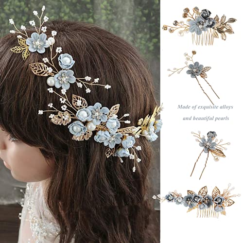 4 Unids Tocados De Boda Invitada,Tocados Pelo,Tocados Novia,Novias Accesorios,Adornos Fiesta Para Adorno Pelo Comunion,Rhinestone Peines Del Florales Nupcial Tocado Cristales Decorativo Diadema (Azul)