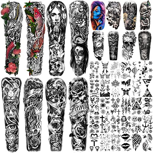 46 hojas grandes de tatuajes temporales de manga de brazo completo para hombres y mujeres, pegatinas de tatuajes falsos impermeables de flores de animales en el hombro del antebrazo para adolescentes