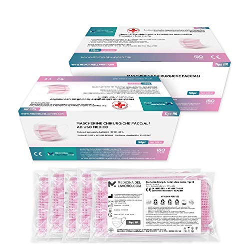 50 Mascarillas Quirúrgicas Rosa Desechables , Certificado CE Tipo IIR, Alta Eficiencia de Filtración BFE≥98, Mascarillas Homologadas Faciales de 3 Capas con Elásticos - [50 Pzas]