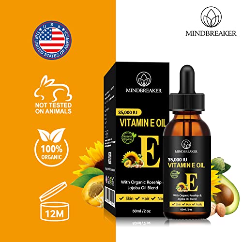 Aceite de vitamina E 35,000 IU + Mezcla orgánica de rosa mosqueta y jojoba - 2 oz. 100% aceites puros de extracto de plantas, aceite hidratante para la piel y la cara (60ml)