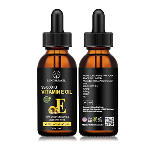 Aceite de vitamina E 35,000 IU + Mezcla orgánica de rosa mosqueta y jojoba - 2 oz. 100% aceites puros de extracto de plantas, aceite hidratante para la piel y la cara (60ml)