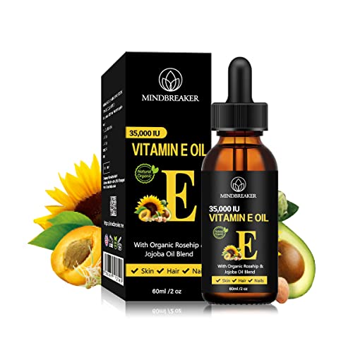 Aceite de vitamina E 35,000 IU + Mezcla orgánica de rosa mosqueta y jojoba - 2 oz. 100% aceites puros de extracto de plantas, aceite hidratante para la piel y la cara (60ml)