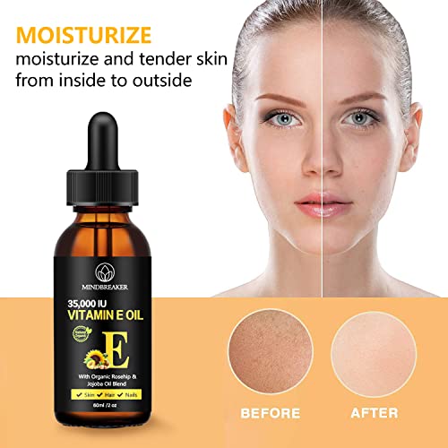 Aceite de vitamina E 35,000 IU + Mezcla orgánica de rosa mosqueta y jojoba - 2 oz. 100% aceites puros de extracto de plantas, aceite hidratante para la piel y la cara (60ml)