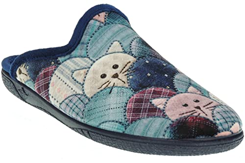 ALBEROLA 21376 Chinelas de Casa Invierno de Mujer. Zapatillas LLanas y Destalonadas. Gatos. Talón Abierto. Anatómica. Fabricadas en Elche España Azul Talla 39