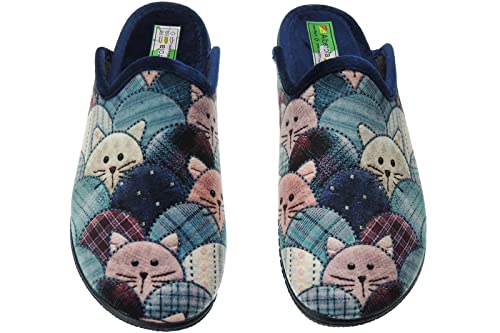 ALBEROLA 21376 Chinelas de Casa Invierno de Mujer. Zapatillas LLanas y Destalonadas. Gatos. Talón Abierto. Anatómica. Fabricadas en Elche España Azul Talla 39