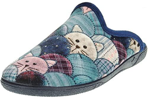 ALBEROLA 21376 Chinelas de Casa Invierno de Mujer. Zapatillas LLanas y Destalonadas. Gatos. Talón Abierto. Anatómica. Fabricadas en Elche España Azul Talla 39
