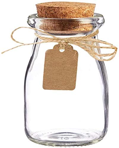 AmaJOY Paquete de 15 tarros de cristal con tapas de corcho, tarjeta de acompañante y cordel de boda, regalo de fiesta, botellas de cristal vintage, botellas de miel