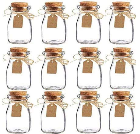 AmaJOY Paquete de 15 tarros de cristal con tapas de corcho, tarjeta de acompañante y cordel de boda, regalo de fiesta, botellas de cristal vintage, botellas de miel