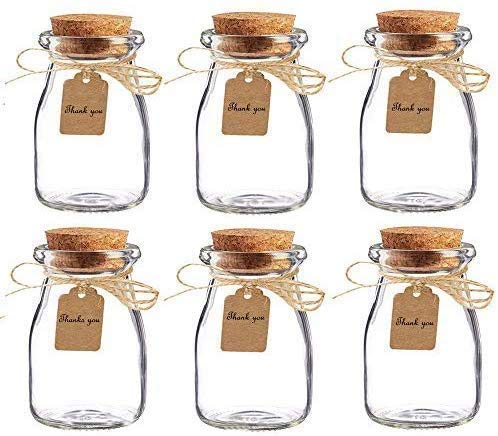 AmaJOY Paquete de 15 tarros de cristal con tapas de corcho, tarjeta de acompañante y cordel de boda, regalo de fiesta, botellas de cristal vintage, botellas de miel
