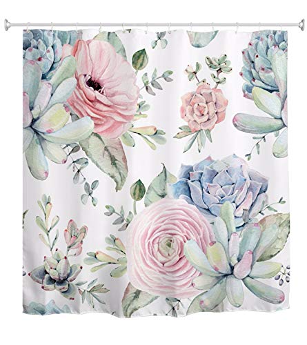 A.Monamour Acuarela Suculentas Cactus Plantas Suculentas Rosa Vintage Floral Fondo Blanco Impresión Cortina De Ducha De Tela De Poliéster Impermeable con Ganchos para Baño 165x180cm