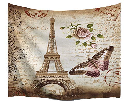 A.Monamour Tapices Marrón Moteado Fondos Vintage Floral Mariposa Paris Torre Eiffel Tarjeta Postal Con Impresión De Estampado Tapicería De Tela Decoración Colgante De Pared Para Decoraciones 102x153cm