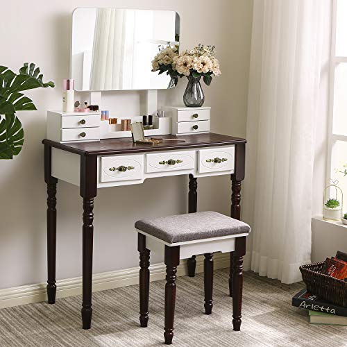 ANWBROAD Tocador Mesa de Maquillaje Belleza Tocador con taburete y espejo de niñas Espejo sin Marco Taburete de Madera de Goma, con 7 cajones, 3 divisores para Dormitorio Vestidor BDT03WZ