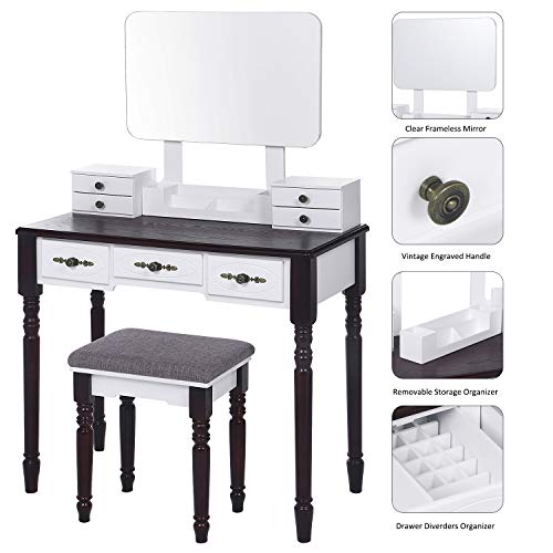 ANWBROAD Tocador Mesa de Maquillaje Belleza Tocador con taburete y espejo de niñas Espejo sin Marco Taburete de Madera de Goma, con 7 cajones, 3 divisores para Dormitorio Vestidor BDT03WZ