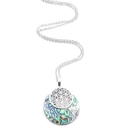 ARITZI - Colgante de Piedra Natural - ABALÓN Verde con símbolo esotérico en bisutería de Metal - Simbolo de Flor DE LA Vida - Cadena incluida de Acero Inoxidable (50cm)