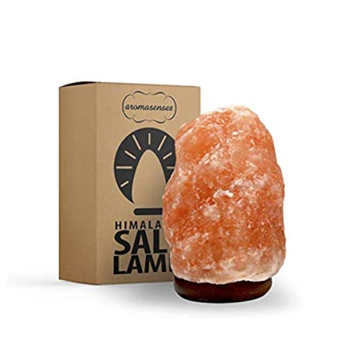 AROMASENSES Lámpara de Sal del Himalaya (2-3 kg) con Base de Madera, Cable y Bombilla - Natural 100% - Hecha a Mano.