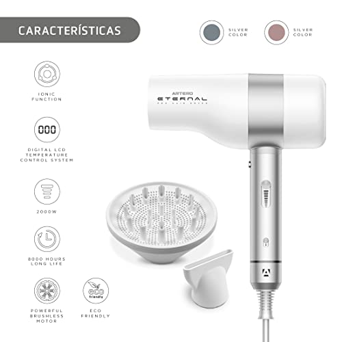 Artero Eternal. Secador de pelo Brushless 8000 horas de duración. Secador de Pelo Profesional Iónico 2000W. Pantalla LCD (Silver)