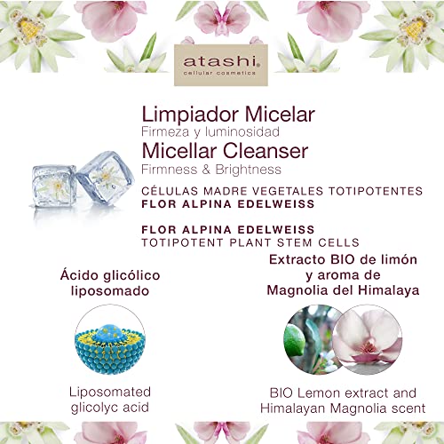 Atashi Firmeza Y Luminosidad | Limpiador Micelar Facial Nutritivo | Con Extracto Eco De Edelweiss, Vitamina C Y Ácido Glicólico | Para Todo Tipo De Pieles | 25Ml, 250 Mililitro