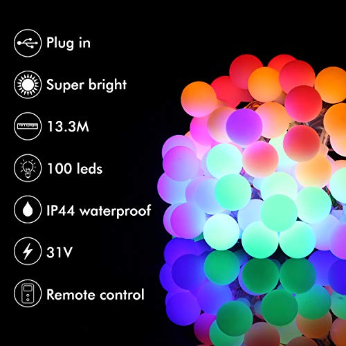 B-right Cadena de Luces, 100 LEDs 13m Tiras Bombilla Bola Redonda Decorativa Luminoso Para Hogar Interior Y Exterior para Navidad Fiesta Casa Jardín Boda Compleaño