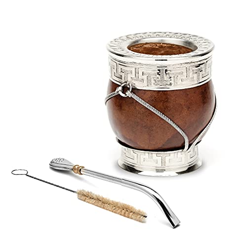 BALIBETOV Colección Seleccionada - Mate Natural Premium con Detalles en Plata Alemana - Set de Mate Natural Hecho a Mano en Argentina - Incluye Bombilla de Acero Inoxidable y Cepillo de Limpieza