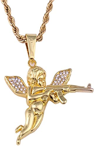 banbeitaotao Collar con Colgante de ala de Cereza para niño Cupido Eros Golden Hip Hop Collar de Encanto Masculino Cadena Larga
