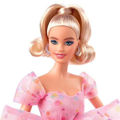 Barbie Signature - Deseos de cumpleaños, muñeca rubia con vestido rosa funfetti con lazo grande, juguete de colección (Mattel HCB89)