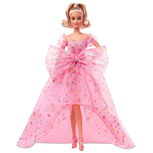 Barbie Signature - Deseos de cumpleaños, muñeca rubia con vestido rosa funfetti con lazo grande, juguete de colección (Mattel HCB89)