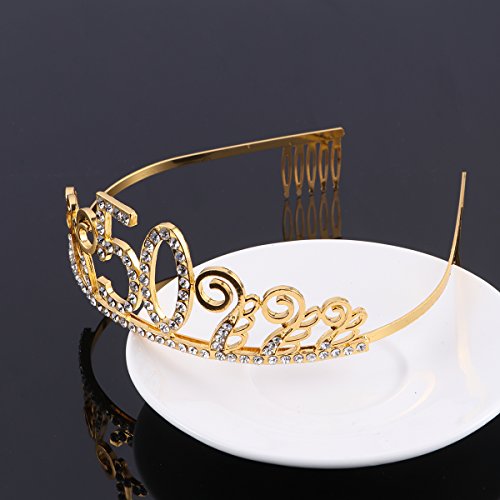 Beaupretty Corona de Pelo Para 50 Cumpleaños, Tiara de Cristal Para Mujer Con Peines, Corona de Princesa de Diamantes de Imitación, Regalos de 50 Años Para Bodas (Dorado)