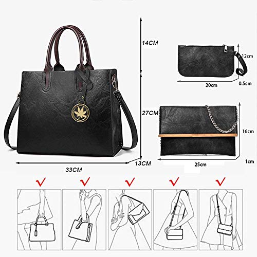 BestoU Bolsos de Mujer PU Cuero Negro Bolso Bandolera Tote Grande De Hombro Bolsos Set (Negro)