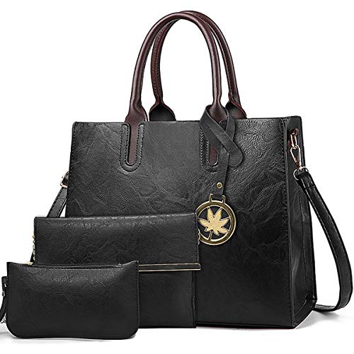 BestoU Bolsos de Mujer PU Cuero Negro Bolso Bandolera Tote Grande De Hombro Bolsos Set (Negro)