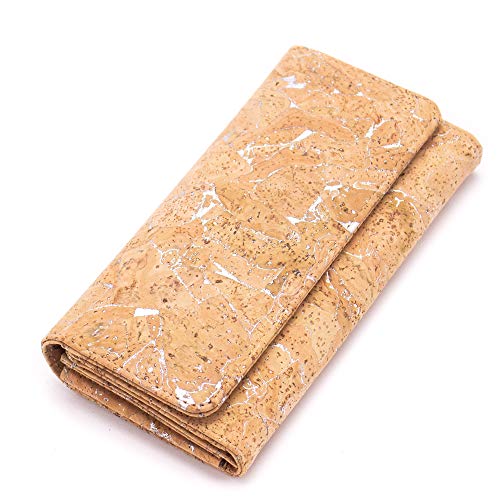 Billetera Espaciosa De Corcho para Mujer Cartera de Cuero Vegano Natural BAG-2017 (Plateada)