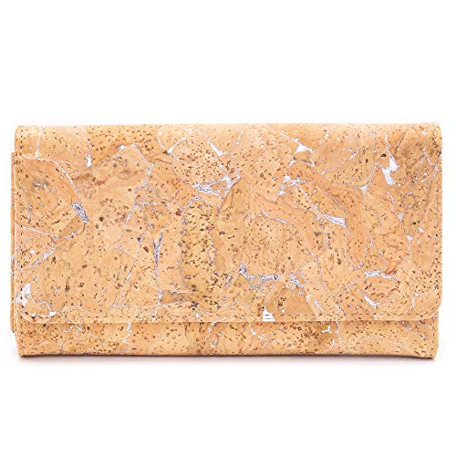 Billetera Espaciosa De Corcho para Mujer Cartera de Cuero Vegano Natural BAG-2017 (Plateada)