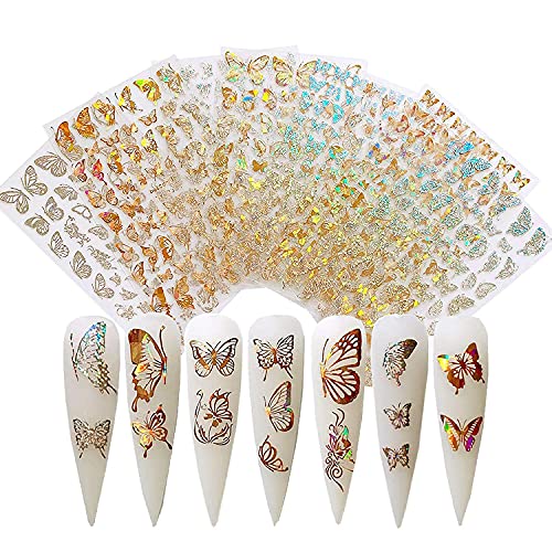 BJ-SHOP Pegatinas de Uñas Pegatinas de Uñas Moda 8 Hojas para Diseño de Uñas de Niña Femenina Dorado y Plateado