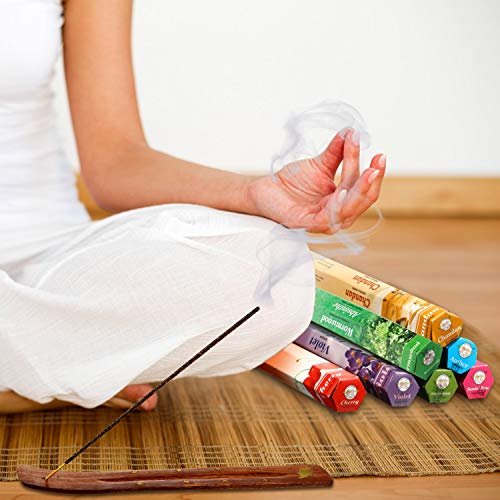 Blulu 140 Piezas de Palos de Inciensos 7 Diferentes Aromas de Quemador de Inciensos con 1 Portainciensos de Sándalo para Fiesta de Halloween Meditación Yoga Relajación Limpiar Aire de Espacio