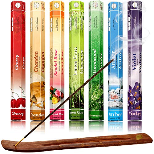 Blulu 140 Piezas de Palos de Inciensos 7 Diferentes Aromas de Quemador de Inciensos con 1 Portainciensos de Sándalo para Fiesta de Halloween Meditación Yoga Relajación Limpiar Aire de Espacio