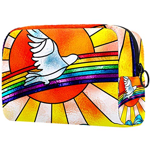 Bolsa de Maquillaje Organizador Small CosmeticBagsforWomen Neceser de Viaje Neceser Estuche de Maquillaje Monedero Bolso White Dove Flying Over Rainbow Bird and Sun