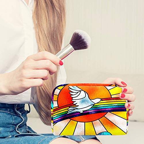 Bolsa de Maquillaje Organizador Small CosmeticBagsforWomen Neceser de Viaje Neceser Estuche de Maquillaje Monedero Bolso White Dove Flying Over Rainbow Bird and Sun