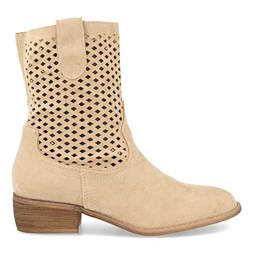 Botin de Mujer, con Tacon Bajo, Punta Redonda, Calados en Cana y Cierre de Cremallera, Primavera Verano 2021. Talla 38 Beige