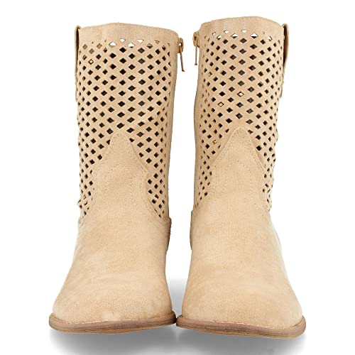 Botin de Mujer, con Tacon Bajo, Punta Redonda, Calados en Cana y Cierre de Cremallera, Primavera Verano 2021. Talla 38 Beige