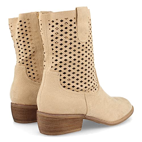 Botin de Mujer, con Tacon Bajo, Punta Redonda, Calados en Cana y Cierre de Cremallera, Primavera Verano 2021. Talla 38 Beige