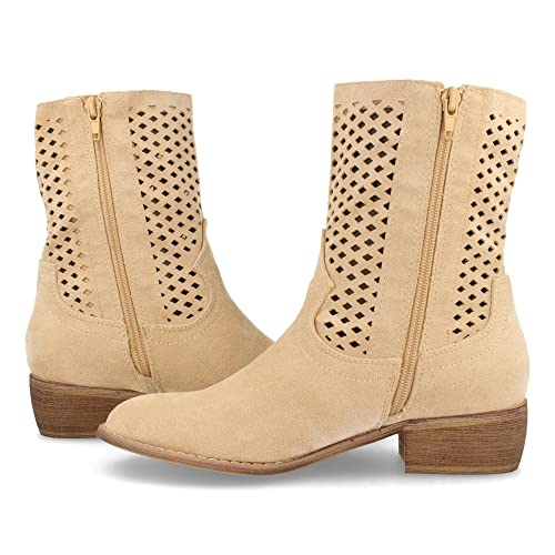 Botin de Mujer, con Tacon Bajo, Punta Redonda, Calados en Cana y Cierre de Cremallera, Primavera Verano 2021. Talla 38 Beige