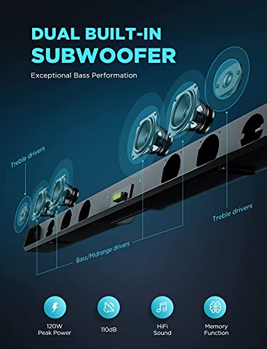 BOWMAKER Tech Barra de Sonido 2.0 Canales, Potencia 120 W, 120 dB, Tecnología DSP 3D Subwoofer Incorporado, HDMI, Bluetooth 5.0, para TV, 37 Pulgadas Cine en Casa, Óptico, 3,5 mm AUX, USB, ODINE III
