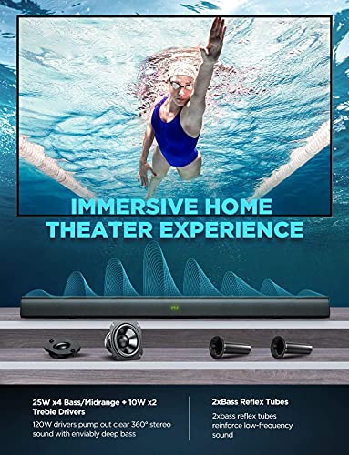 BOWMAKER Tech Barra de Sonido 2.0 Canales, Potencia 120 W, 120 dB, Tecnología DSP 3D Subwoofer Incorporado, HDMI, Bluetooth 5.0, para TV, 37 Pulgadas Cine en Casa, Óptico, 3,5 mm AUX, USB, ODINE III