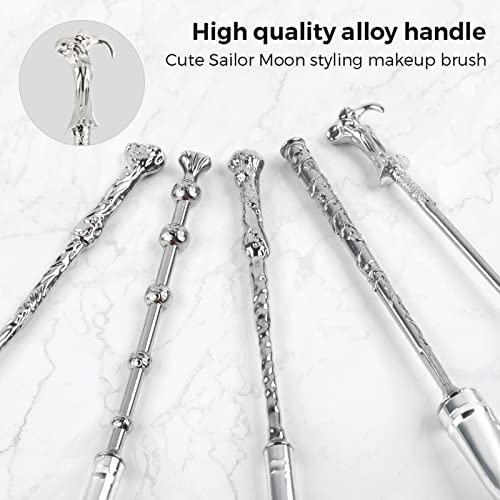 Brochas de Maquillaje Metal Varita Mágica Anime Para Base, Rubor, Sombra de Ojos, Corrector Facial, Delineador de Ojos, Contorno en Polvo, Líquido para Ojos, Regalo para Niñas y Mujer, 5 Piezas, Plata