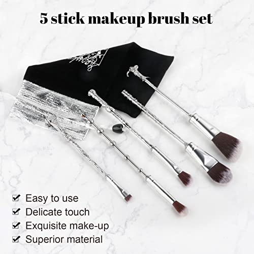 Brochas de Maquillaje Metal Varita Mágica Anime Para Base, Rubor, Sombra de Ojos, Corrector Facial, Delineador de Ojos, Contorno en Polvo, Líquido para Ojos, Regalo para Niñas y Mujer, 5 Piezas, Plata