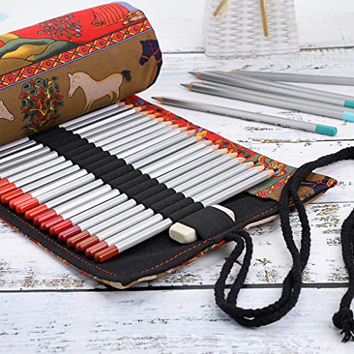 BTSKY Estuche Enrollable para Lápices con 72 Agujeros Cortina de Lápices de Tela de Gran Capacidad Organizador para Envolver Lápices de Colores, Color Rojo Estilo Árboles Rojos