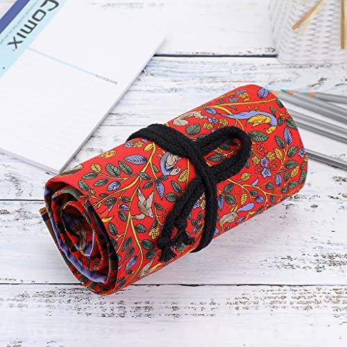 BTSKY Estuche Enrollable para Lápices con 72 Agujeros Cortina de Lápices de Tela de Gran Capacidad Organizador para Envolver Lápices de Colores, Color Rojo Estilo Árboles Rojos
