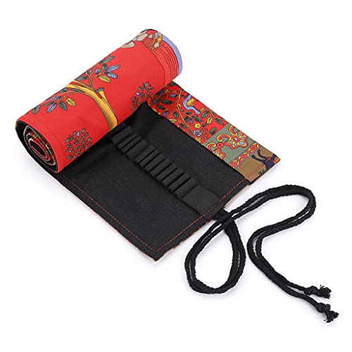 BTSKY Estuche Enrollable para Lápices con 72 Agujeros Cortina de Lápices de Tela de Gran Capacidad Organizador para Envolver Lápices de Colores, Color Rojo Estilo Árboles Rojos