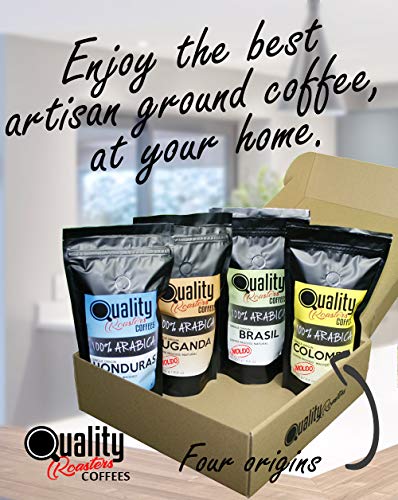 Café Molido. Quality Roasters Coffees. 100% Arabica. Pack regalo y degustación. Molido fino. 4 orígenes: Colombia, Uganda, Brasil, Honduras. 4x250g. Tostado artesanal.