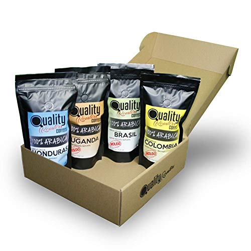 Café Molido. Quality Roasters Coffees. 100% Arabica. Pack regalo y degustación. Molido fino. 4 orígenes: Colombia, Uganda, Brasil, Honduras. 4x250g. Tostado artesanal.