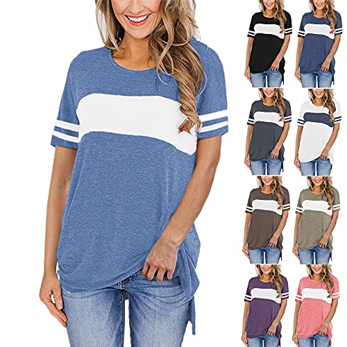 Camiseta Mujer Tops Mujer Cómodo Suelto Cuello Redondo Rayas Manga Corta Verano Moda Urbana Vacaciones Ocio Dulce Elegante Mujer Shirt Mujer Camisas A-Blue S